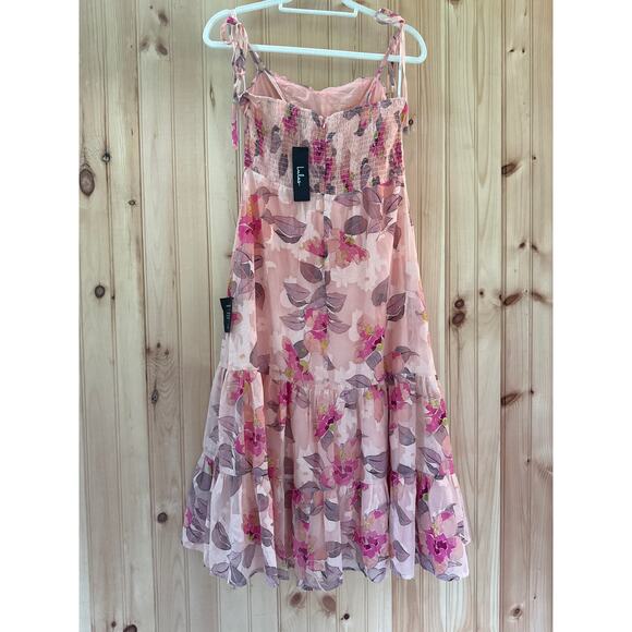 NWT Lulus Tea Party Chic Pink Floral Print Tie-Strap Tiered Midi Dress Size M - Picture 3 of 7